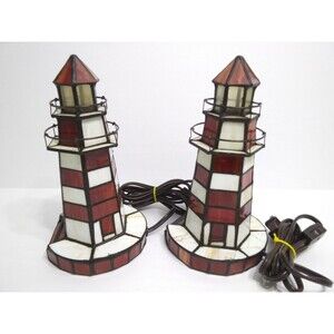 Lighthouse Table Lamps Night Lights Stained Glass Tiffany Style Set Red White